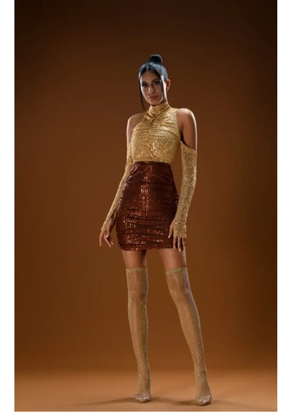 Kahve Gold Payetli 2 Renkli Mini Elbise