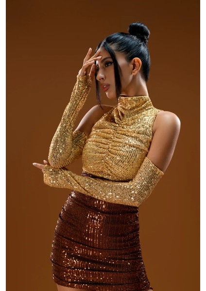 Kahve Gold Payetli 2 Renkli Mini Elbise