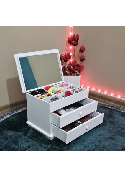 Tekir Store Aynalı Iki Çekmeceli Dekoratif Takı Saat Kutusu Çok Amaçlı Organizer Ahşap Beyaz Lake Mdf