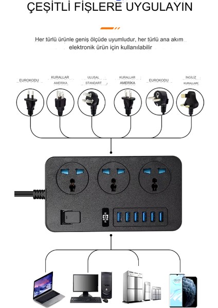 Kontrol Anahtarlı Güç Kaynağı Kartı 3-Ac ve 6 USB Şarj Portlu Soket 1.8m Kablo Güç Adaptörü Ev Ofis