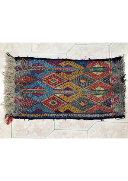 81X146 cm Geometrik Desenli Çok Renkli Çiftlik Evi Stili Dekoratif El Dokuma Kilim