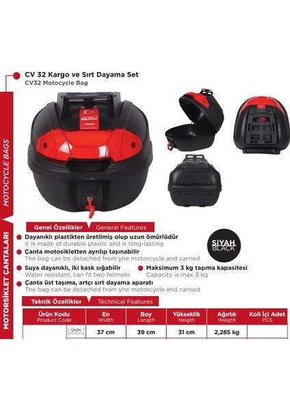 CV 32 L Kargo ve Sırt Dayama Set Arka Çanta Siyah fiyatları