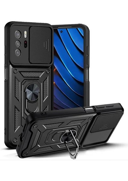 Xiaomi Poco X3 Gt Kılıf Yüzüklü Sürgülü Kamera Korumalı Pars + Ekran Koruyucu