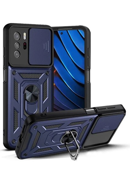 Xiaomi Poco X3 Gt Kılıf Yüzüklü Sürgülü Kamera Korumalı Pars + Ekran Koruyucu