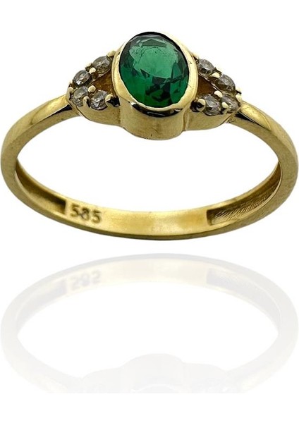 Minik Oval Zümrüt Taşlı 14 Ayar Altın Yüzük Üst Kalite
