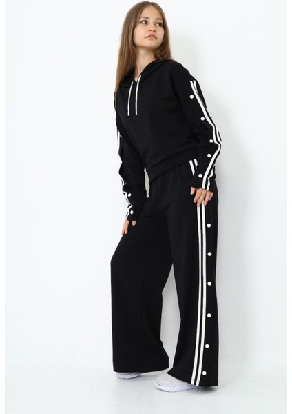 Kız Çocuk %100 Pamuk Kapüşonlu Uzun Kol Oversize Alt&üst Siyah Eşofman TAKIMI-AÜT-2024