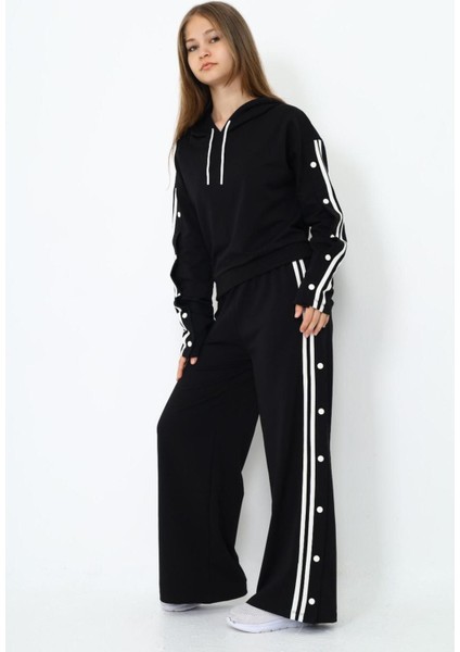 Kız Çocuk %100 Pamuk Kapüşonlu Uzun Kol Oversize Alt&üst Siyah Eşofman TAKIMI-AÜT-2024 fiyatları