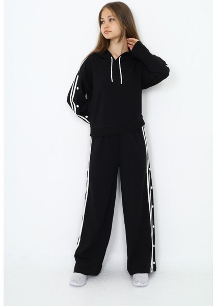 Kız Çocuk %100 Pamuk Kapüşonlu Uzun Kol Oversize Alt&üst Siyah Eşofman TAKIMI-AÜT-2024 modelleri