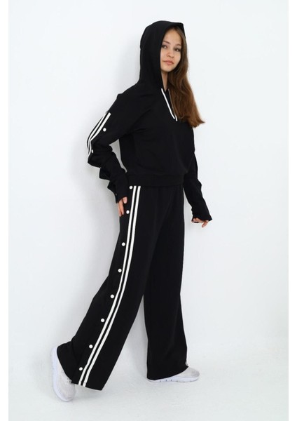 Kız Çocuk %100 Pamuk Kapüşonlu Uzun Kol Oversize Alt&üst Siyah Eşofman TAKIMI-AÜT-2024 fırsatları