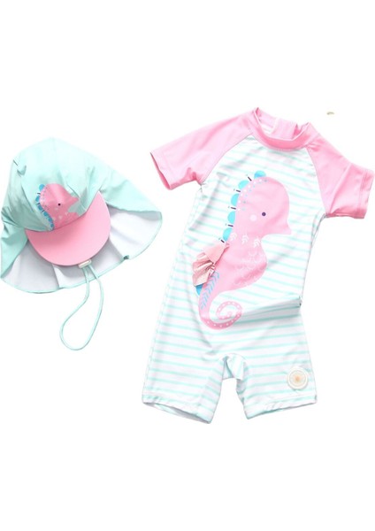 UPF50+ Güneş Korumalı Kız Çocuk Mayo Pembe Mint Beyaz Şapkalı Mayo Set