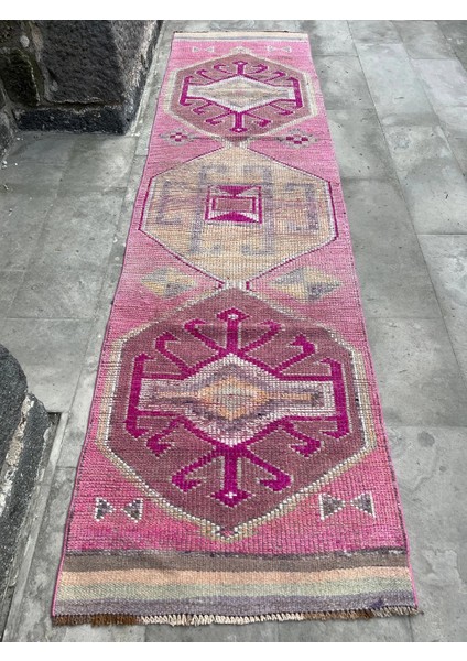 85x327 Cm Harika Pembe Renkli El Dokuma Vintage Yolluk Ender Bulunan Uşak Yolluk