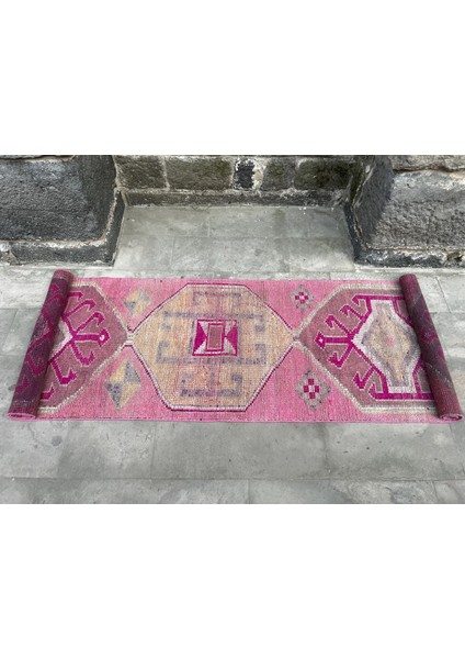 85x327 Cm Harika Pembe Renkli El Dokuma Vintage Yolluk Ender Bulunan Uşak Yolluk