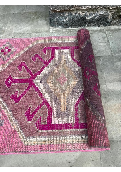 85x327 Cm Harika Pembe Renkli El Dokuma Vintage Yolluk Ender Bulunan Uşak Yolluk