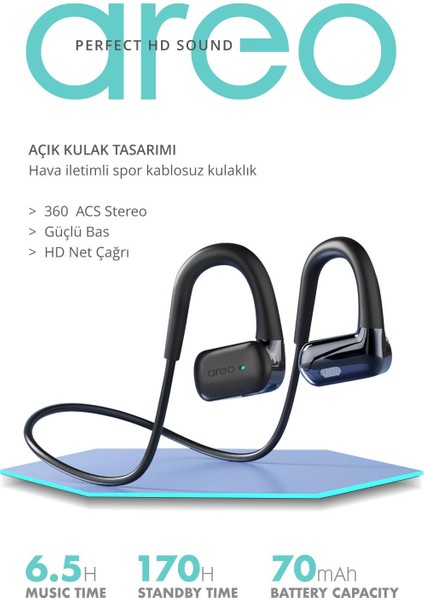 Areo Boyun Bantlı Hd Ses Dokunmatik Profesyonel Bluetooth Kulaklık 6 Saat Şarj Süresi