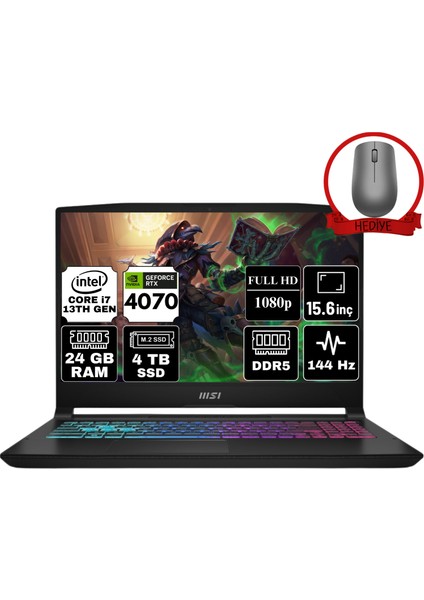 Msı Katana 15 Intel Core I7 13620H 24GB 4tb SSD RTX4070 Windows 11 Home 15.6" Fhd 144Hz Taşınabilir Bilgisayar B13VGK-1874XTR-A44 & Anzar Mouse