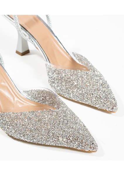 London Cam Kırıntıları Detay Arkası Açık Topuklu Ayakkabı modelleri