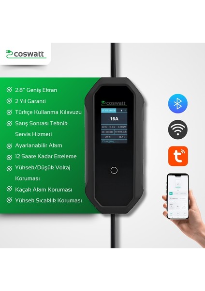 Elektrikli Araba Taşınabilir Şarj Cihazı 3.5 kw / 16A / Tip-2 / Ev Tipi Schuko Fiş / Monofaze / 5m / Çantalı