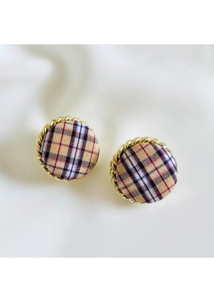 Yuvarlak Ekose Desenli Kumaş Tasarım Küpe