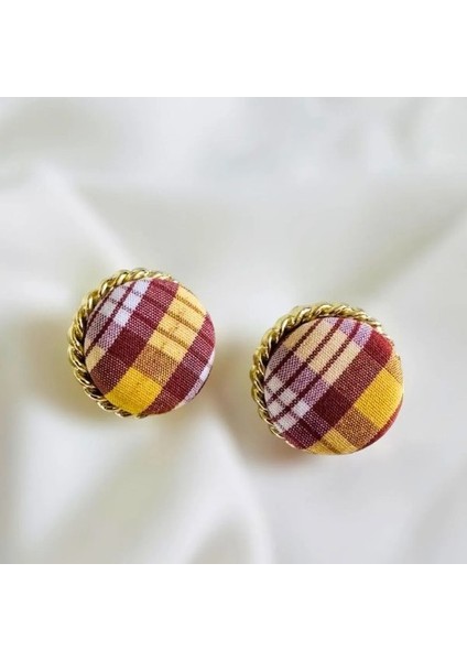 Yuvarlak Ekose Desenli Kumaş Tasarım Küpe