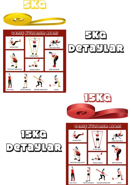 2li Set 5+15 kg Direnç Bandı Seti Kas Geliştirme Lastiği Fitness Pilates Cross Training Bant