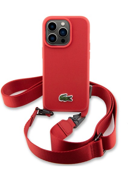 iPhone 14 Pro Max Uyumlu Kılıf Lacoste Lisanslı Pu Pike Desen Askılı Ikonik Timsah Logolu Kırmızı