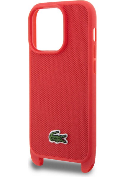 iPhone 14 Pro Max Uyumlu Kılıf Lacoste Lisanslı Pu Pike Desen Askılı Ikonik Timsah Logolu Kırmızı