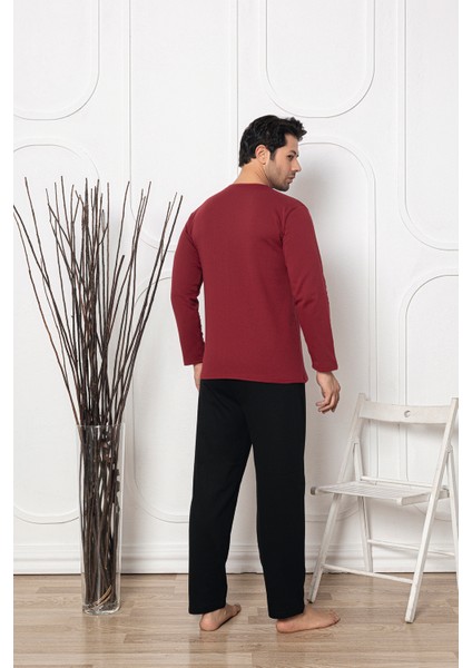 Sude Homewear Erkek Bordo Renk Iki Iplik Uzun Kol Pijama Takımı