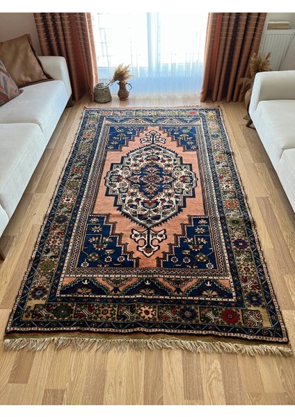 162X275 cm Büyük Boy Lacivert ve Turuncu Renkli El Dokuma Osmanlı Stili Yıkanabilir Halı