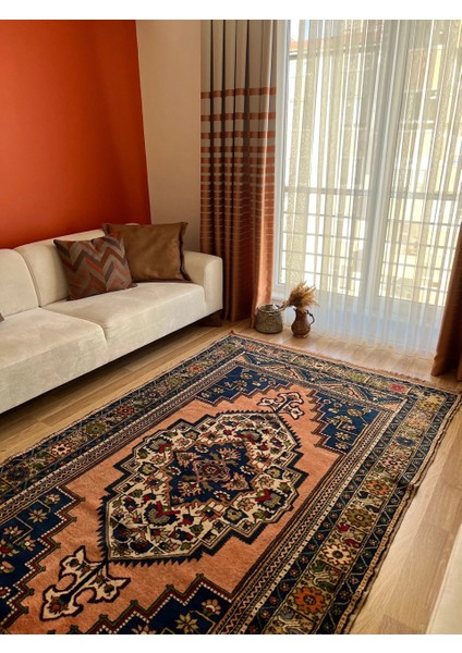162X275 cm Büyük Boy Lacivert ve Turuncu Renkli El Dokuma Osmanlı Stili Yıkanabilir Halı fiyatları