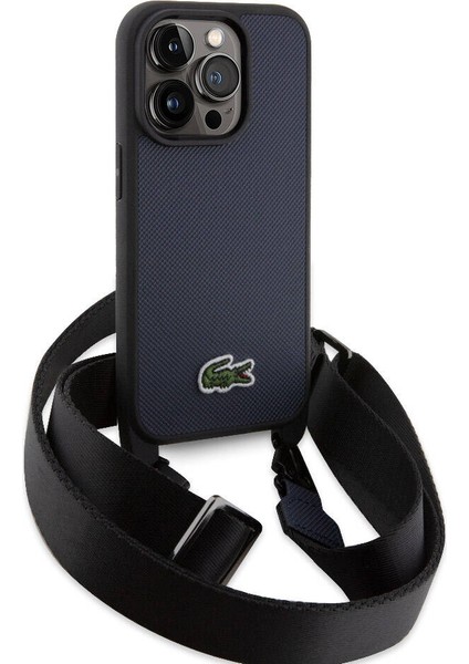 iPhone 14 Pro Max Uyumlu Kılıf Lacoste Lisanslı Pu Pike Desen Askılı Ikonik Timsah Logolu Lacivert