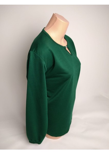 Kadın Yeşil Taşlı Bisiklet Yaka Yırtmaçlı Uzun Kollu Bilek Lastikli Iki Iplik Bluz Tişört fiyatları