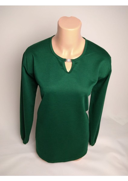 Kadın Yeşil Taşlı Bisiklet Yaka Yırtmaçlı Uzun Kollu Bilek Lastikli Iki Iplik Bluz Tişört