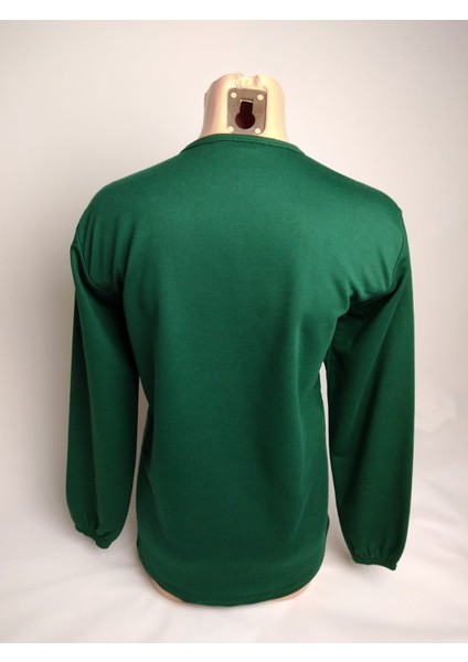 Kadın Yeşil Taşlı Bisiklet Yaka Yırtmaçlı Uzun Kollu Bilek Lastikli Iki Iplik Bluz Tişört modelleri