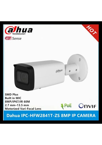 IPC-HFW2841T-ZAS-27135 8mpix, 2,7-13,5mm Motoriz Lens, H265+, 80MT Gece Görüşü, Dahili Mikrofon, Starlight, IP67, Poe Bullet Ip Kamera