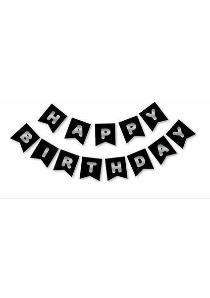 Siyah Zemin Gümüş Happy Birthday Banner