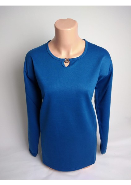 Kadın Indigo Taşlı Bisiklet Yaka Yırtmaçlı Uzun Kollu Bilek Lastikli Iki Iplik Bluz Tişört