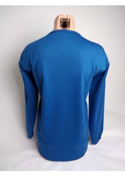 Kadın Indigo Taşlı Bisiklet Yaka Yırtmaçlı Uzun Kollu Bilek Lastikli Iki Iplik Bluz Tişört modelleri