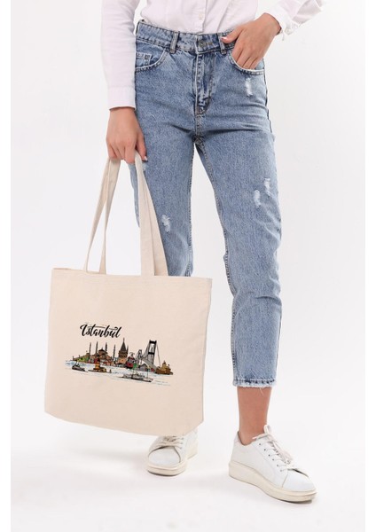 Kanvas Yatay Renkli Istanbul Baskılı Bez Çanta modelleri