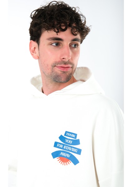 Thank You Oversize Fit Hoodie Erkek - Ekru