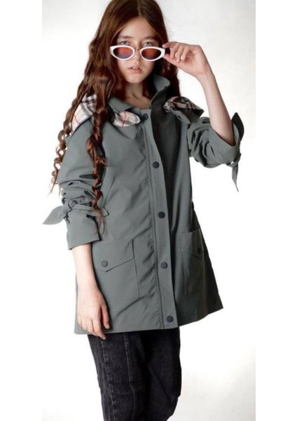 Kız Çocuk Fermuar Kapamalı Kapüşonlu Kolu Bağlamalı Model Cepli İçi Astarlı Haki Renk Trençkot fiyatları