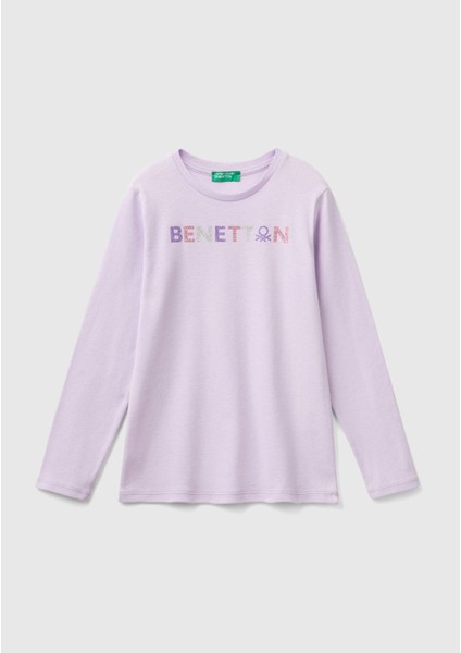 Kız Çocuk Lila Önü Parıltılı Logo Baskılı Regular Fit Uzun Kollu T-Shirt