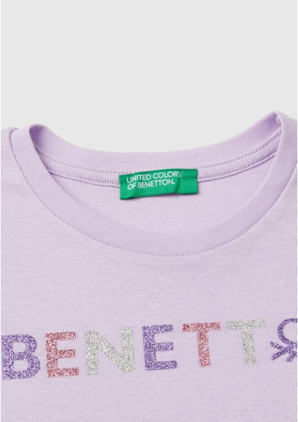 Kız Çocuk Lila Önü Parıltılı Logo Baskılı Regular Fit Uzun Kollu T-Shirt modelleri