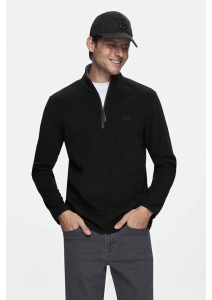 GREMIO Siyah Polar Dik Yaka Nakışlı Standard Fit Erkek Sweatshirt