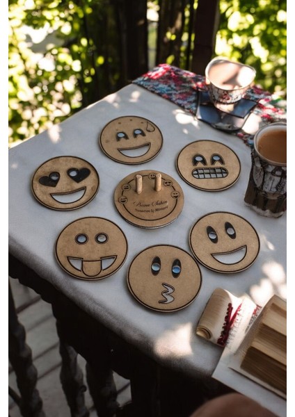 - Özel Tasarım Ahşap Figürlü 6'lı Bardak Altlığı dekoratif - Lazer Kazıma