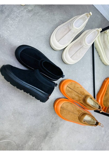 Paula Mini Siyah Süet Yarım Bot Içi Tüylü Düz Taban Kadın Ayakkabı modelleri