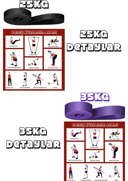 2li Set 25+35 kg Direnç Bandı Seti Kas Geliştirme Lastiği Fitness Pilates Cross Training Bant