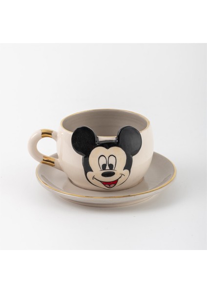 Mickey Mouse Çay Fincanı Gri Seramik El Yapımı
