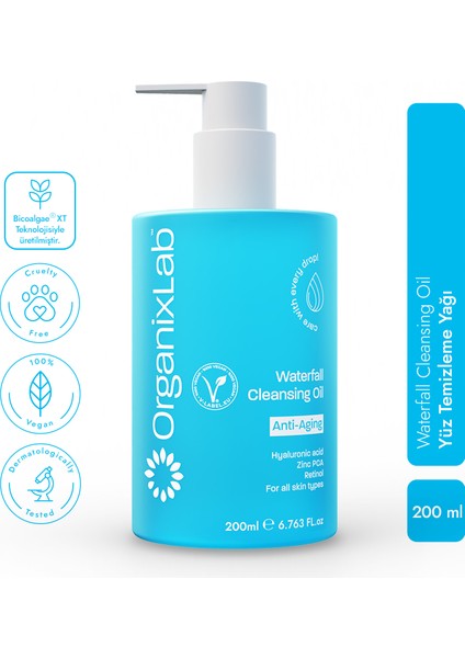 Organixlab Waterfall Yüz Temizleme Yağı I Gençleştiren Yaşlanma Karşıtı I Hyaluronik Asit, Retinol 200 ml