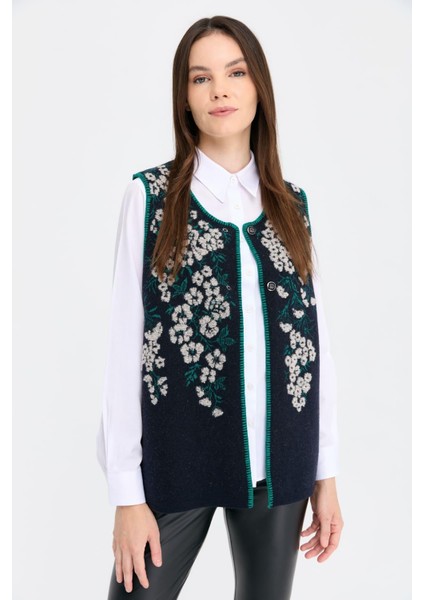 Kadın Sıfır Yaka Pıtırcık Çiçekli Yün Yelek K.lacivert