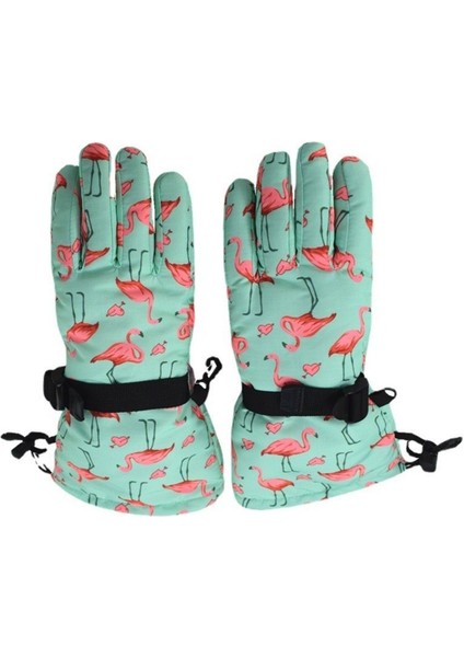 Sugeçirmez Kız Çocuk Bere Eldiven Set Mint Üstü Pembe Flamingo Desenli Kayak Snowbord